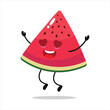 Cute happy slice watermelon character. Funny fall in love slice watermelon cartoon emoticon in flat style. Fruit emoji vector illustration