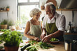 © Patrick - fictional older couple cooking together in a modern kitchen