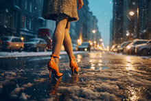 Close-up Of Female Legs In High Heels Navigating A Snowy City Street With Puddles And Snowfall. The Image Portrays The Challenge Of Bad Winter Weather Conditions