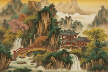 Chinese painting style landscape. asian traditional culture. illustration, drawing