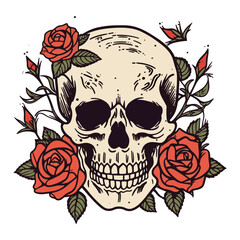 Wall Mural - skull head surrounded by flowers and leaves illustration