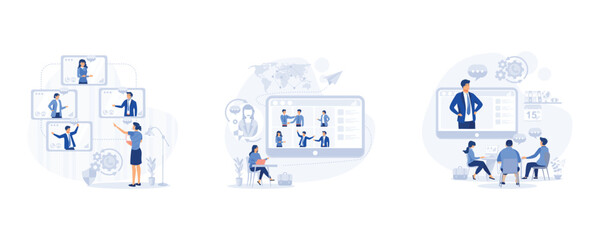 Poster - Video conference, video conference remote working on laptop computer, Online meeting with CEO, manager or director, set flat modern vector illustration