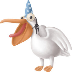 Poster - Cartoon pelican character in birthday cap isolated on white
