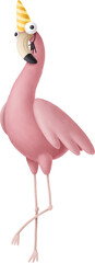 Poster - Cartoon flamingo character in birthday cap isolated on white