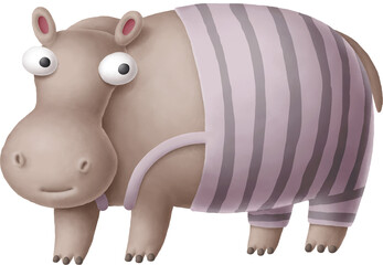 Poster - Cartoon hippopotamus character in pants isolated on white