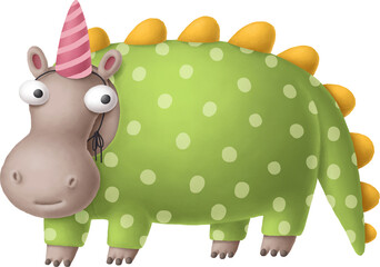 Poster - Cartoon hippopotamus character in birthday cap isolated on white