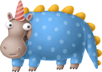 Poster - Cartoon hippopotamus character in birthday cap isolated on white