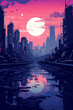Futuristic vaporwave cyberpunk vector art with a city skyline at night with purple hues.