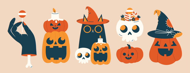 set of cute halloween vector illustrations. stickers with black cat in witch hat, skull with candies