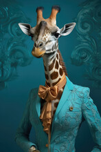 Portrait Of Giraffe In Human Clothing. Creative Portrait Of Wild Animal On Abstract Background. Antropomorphic Animal. Created With Generative AI