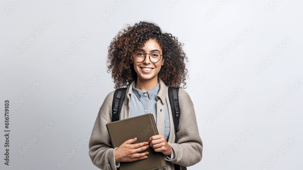 Young curly student woman wearing glasses and backpack holding books ...