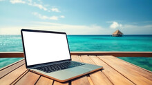 Laptop With Cut Out Screen At Sea Resort. Remote Work And Business In Palm Paradise. Online Purchase Of Air Tickets And Hotels. Copy Space