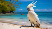 A Cockatoo On A Tropical Beach, Its White Feathers Contrasting With The Turquoise Sea And The Golden Sand