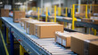 Leinwandbild Motiv Closeup of multiple cardboard box packages seamlessly moving along a conveyor belt in a warehouse fulfillment center, a snapshot of e-commerce, delivery, automation, and products. Generative ai