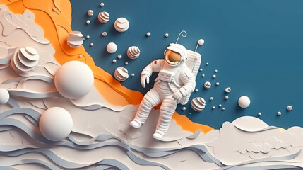 Wall Mural - Paper art style , Astronaut floating in the space , Beautiful planet in the stratosphere , Paper cut , Created with Generative Ai Technology