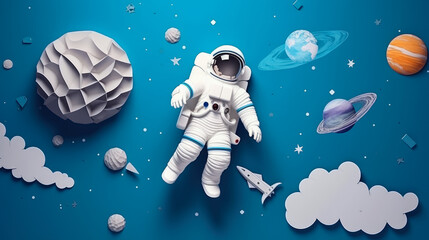 Wall Mural - Paper art style , Astronaut floating in the space , Beautiful planet in the stratosphere , Paper cut , Created with Generative Ai Technology