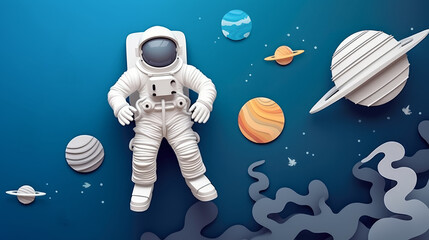 Wall Mural - Paper art style , Astronaut floating in the space , Beautiful planet in the stratosphere , Paper cut , Created with Generative Ai Technology