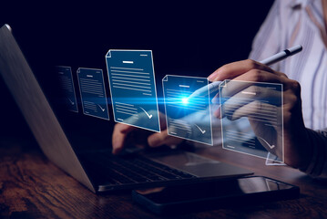 Fototapete - woman hand do Document Management System (DMS), online documentation database and process automation to efficiently manage files, knowledge and documentation in enterprise with ERP