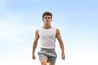 A muscular man in short and tank top walking. Generative AI illustration.