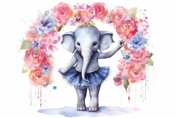 Canvas Print - Elephant Ballerina and flower wreath painted in watercolor on a white isolated background.