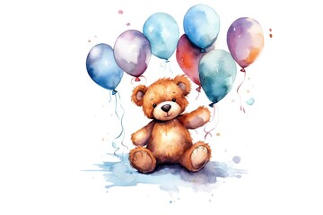 Wall Mural - Cute baby teddy bear and balloons painted in watercolor on a white isolated background.