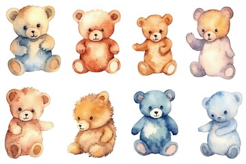 Sticker - teddy bear sticker set painted in watercolor on a white isolated background.