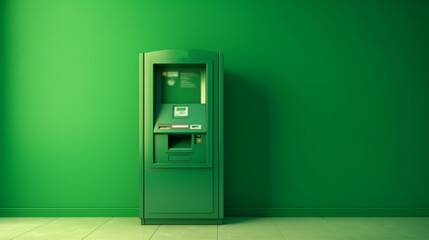 Bank ATM on green wall. Generative Ai