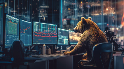 Wall Mural - Bear looking at computer monitor with stock market data. Generative Ai