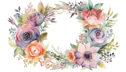  Watercolor bouquets circle frame, for fashion, backgrounds, textures, DIY, cards, wedding stationary, greetings, wallpapers, wrappers, invitations, Generative ai