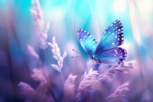 Blue Butterfly On Grass With Blurred Purple Background Artistic Wallpaper Design, Generative AI