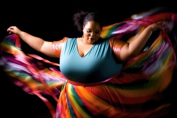 Wall Mural - The plus - size woman mid - twirl, her arms extended as she spins a gymnastic ribbon with vivacious energy. Generative AI