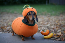 Dachshund In A Pumpkin Costume For Halloween Outside On The Sidewalk, Generative AI