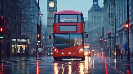 Naklejka na meble  Red bus driving through the city. Generative Ai