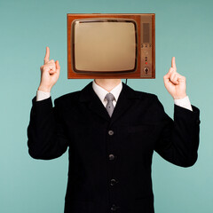 contemporary minimal retro collage art. retro tv businessman pointing fingers up. news, propaganda c