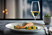Grilled Salmon On A Plate Served With White Wine, Generative AI