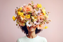 Woman With Her Head Covered With Flowers. Mental Health, Psychological Treatment Concept. Happiness And Joy, Dreaming. Psychology Theme, Thinking Positive, Having Good Thoughts In Mind. AI Generated
