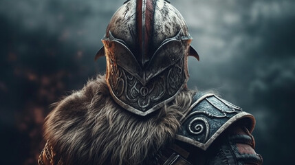 Viking warrior from the back with helmet. Generative Ai