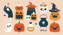 Set Of Halloween Illustrations. Vector Cliparts In Flat Modern Style. Cartoon Stickers With Black Cat In Witch Hat, Skull, Pumpkins, Candle, Snake, Pot, Ghost, Hand With Bone, Candies, Bat, Spider.