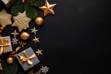 Fototapeta Mapy - Golden gift box on dark Christmas background with decorations, Generative AI