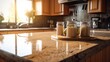 © Georgii - Fragment of a modern kitchen in a luxury home. Quartz stone countertops, wood cabinets, kitchen island, table decor, jars with grains on the foreground, garden view from the windows. 3D rendering.