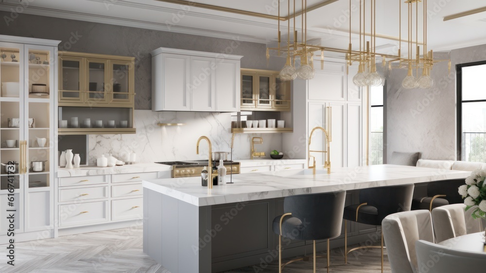 Modern classic white kitchen in a luxury apartment. Large marble ...