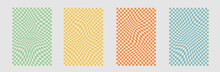 Set Of 70s Backgrounds In Retro Hippie Style. Wave Pattern, Checkerboard, Net. Texture Vector Illustration. Distorted In A Psychedelic And Y2k Aesthetic Style