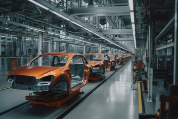 Poster - Robotic conveyor line for car assembly. Modern workshop with automated equipment. Mechanical assembly of car bodies. Automated production of cars at the factory, complete replacement for manual labor.