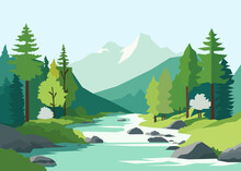 Panorama Of Spring Summer Beautiful Nature, Green Grasslands Meadow, Forest, And River, Mountains On Horizon Background Landscape Vector Illustration