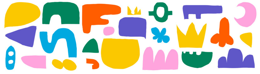 Aufkleber - A pack of cut-out abstract shapes. Bright geometric forms in a naive style. On a transparent background as png. Vector illustration with texture. Wave, crowns, moon and irregular organic shapes. 