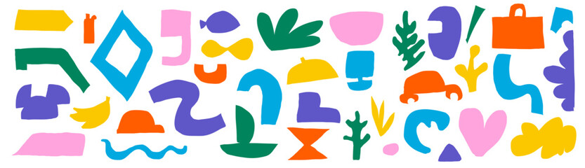 Aufkleber - A pack of cut-out abstract shapes. Bright geometric forms in a naive style. On a transparent background as png. Vector illustration with texture. irregular organic shapes. 