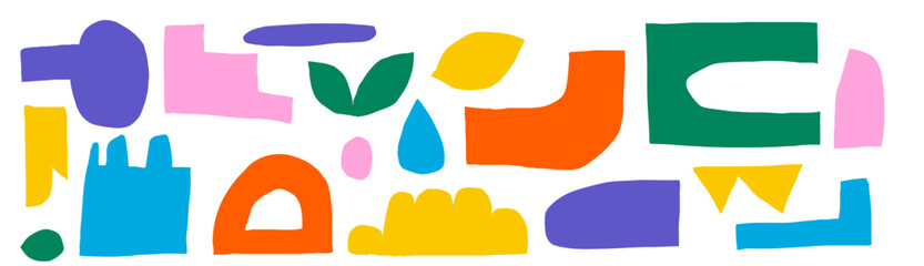 Aufkleber - A pack of cut-out abstract shapes. Bright geometric forms in a naive style. On a transparent background as png. Vector illustration with texture. Water drop, crowns, leaf and irregular organic shapes