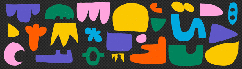 Aufkleber - A pack of cut-out abstract shapes. Bright geometric forms in a naive style. On a transparent background as png. Vector illustration with texture. Wave, crowns, moon and irregular organic shapes. 