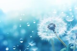 Fototapeta Dmuchawce - Dandelion seeds in dew on blue background with soft focus, Generative AI