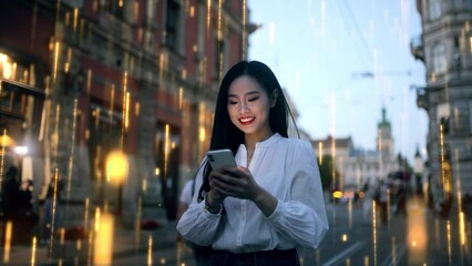 Wall Mural - Beautiful Asian Woman Using Smartphone on a City Street at Night. Wireless communication network concept. Visualization of the Internet by information lines flying to the global digital network